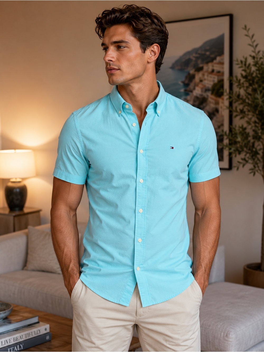 Tommy Hilfiger Men’s Short-Sleeve Button-Down Shirt in Aqua Blue